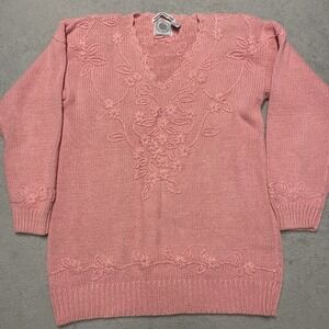 Cape Isle Knitters Sweater Womens Small Pink Floral Hand Embroidered 90s Grandma